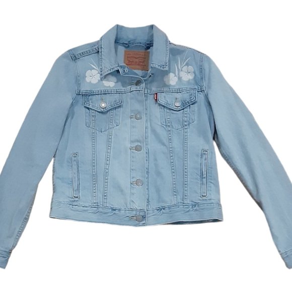 Levi’s Trucker Jacket Size S Light Wash Cotton Floral Embroidered Denim Jean - Picture 1 of 4